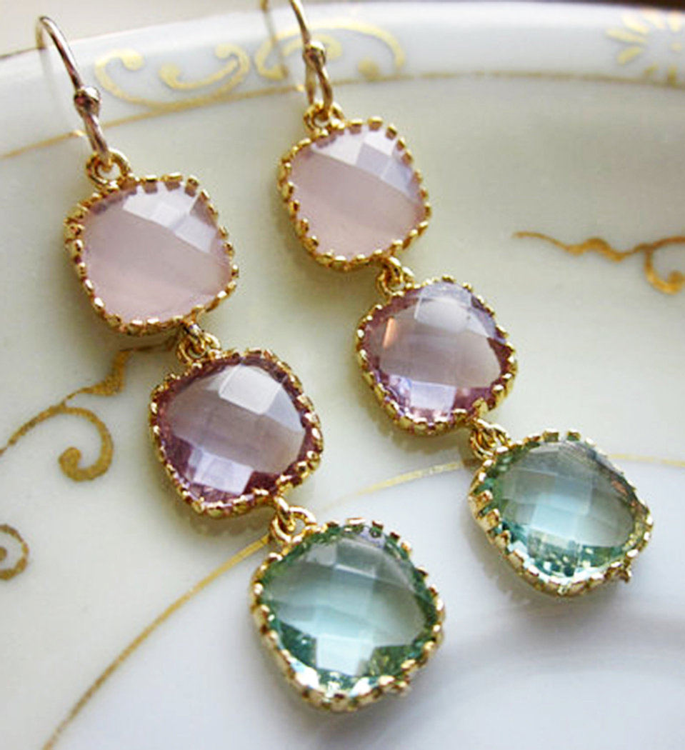 Opal Pink, Lavender, Prasiolite Triple Earrings ♥ AC Art 